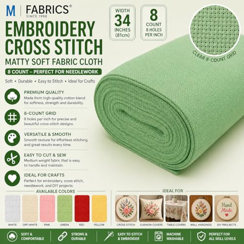 Image of M Fabrics 3 Meters Green Aida Matty Fabric 8 Count 34 Inch Width | Cotton Cross Stitch Embroidery Cloth Soft Needlework Fabric for Cushion Covers Table Covers Craft Sewing - 3 Meters Green