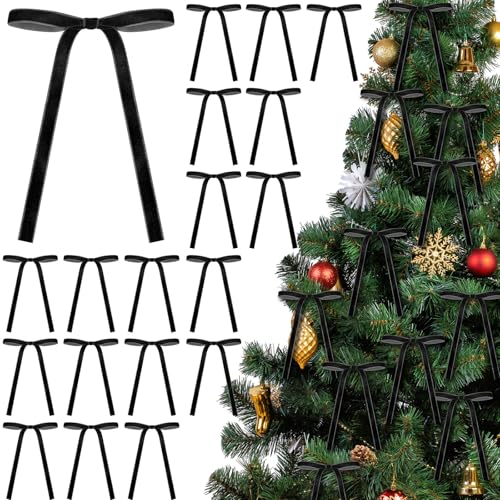 Glitinsel 24 Pcs Velvet Bows for Christmas Tree Vintage Ribbon Bows for Crafts Garland Home Coquette Wedding Birthday Decor(5 x 7 Inch Width of 3/8 Black)