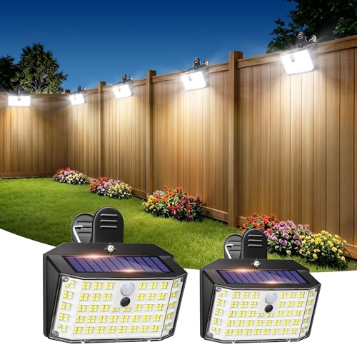 LUHLEE 176LED Clip on Solar Lights Outdoor 600LM Solar Motion Lights Outdoor with 180 Wide Angle IP65 Waterproof Portable Solar Fence Lights Outdoor for Fence Gutter Garden Camping Patio 2Pack
