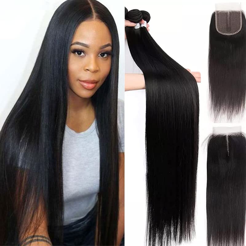 Straight Human Hair 3 Bundles with Closure Middle Part T Part 5x5x1 Lace Closure Brazilian Bundles with Lace Part Closure Human Hair (16 18 20 with 14, straight)