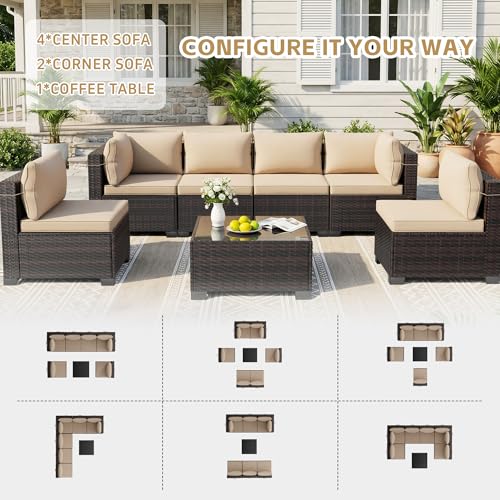 LEVELEVE 7 Pieces Outdoor Patio Furniture Sets,Rattan Conversation Sectional Set,Manual Weaving Wicker Patio Sofa with Tea Table - Image 2