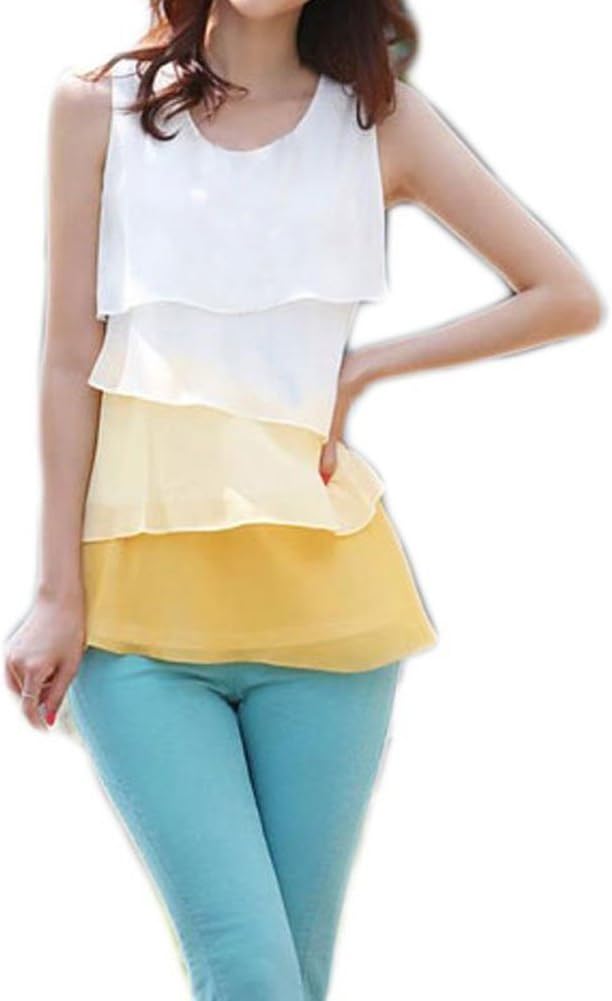Zcargel Women's Plain Lady Chiffon Tops Blouse Vest T-Shirt (M, Tiered:Yellow)
