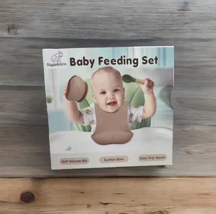 Giggle&Grin Baby Feeding Set| 3 Pack Silicone Suction Plate with Feeding Bib and 1 Silicone Feeding spoon| baby Led Weaning Supplies Self Feeding Eating Utensils (Caramel/Green) 6-12 Month3