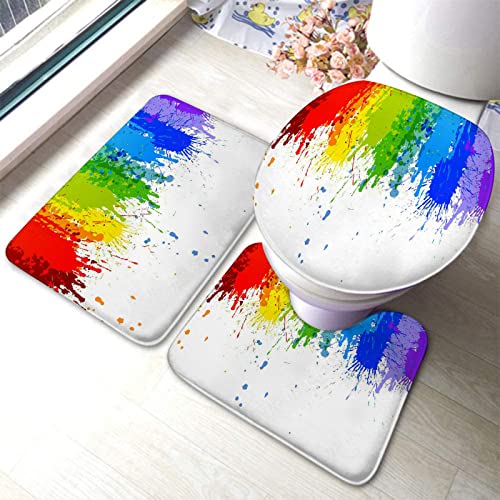 Badezimmerteppich-Set, 3-teilig, Rainbow Splash Art Pigment Paint Graffiti, Abstrakter Stil, waschbare Badteppiche, rutschfest, mit Rückenpolster, Konturteppich und Toilettendeckelbezug