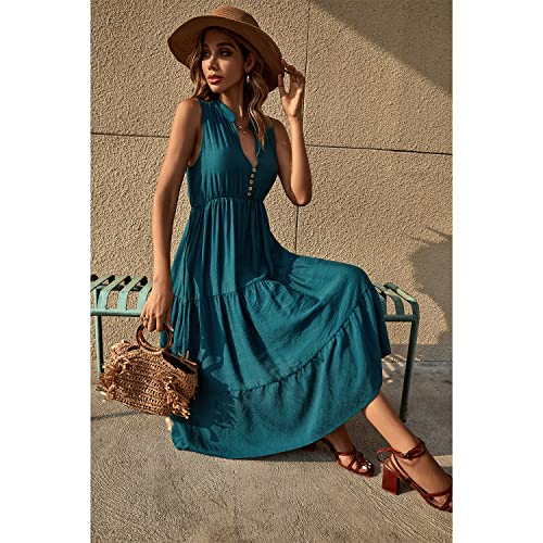 Image of BROVAVE Womens 2026 Summer Sleeveless Shirt Dress Collar Striped V Neck Casual Midi Dresses