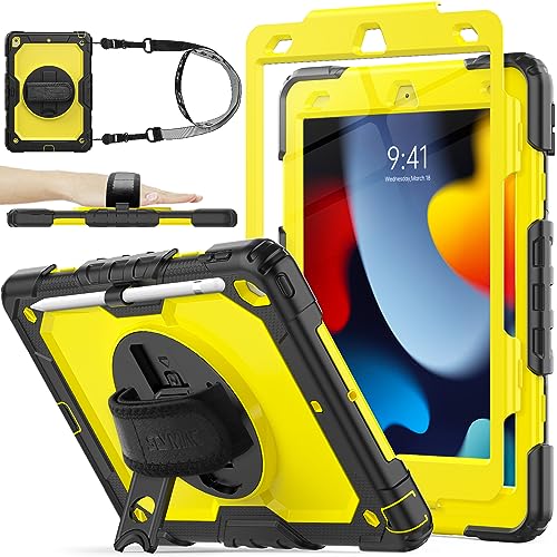 Image of SEYMAC stock Case for iPad 9th/8th/7th Generation 10.2'', 3-Layer Protection Case with [360 Degrees Rotating Stand] Hand Strap &[Pencil Holder] for iPad 9/8 /7 Gen 2021/2020/2019 (Yellow+Black)