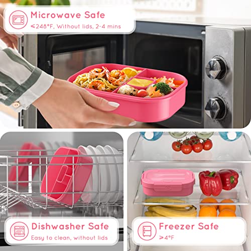 Image of Bento Box, 44oz 4 Compartment Lunch Container with Cutlery for Kid /Adult /Toddler, Leak Proof, Microwave /Dishwasher /Refrigerator Safe, BPA Free (Pink)