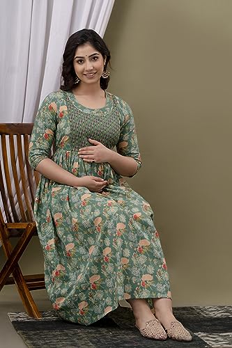 Image of Maternity Feeding Kurti for Women | Cotton Blend Anarkali Dress with Nursing Zip for Pre & Post Pregnancy