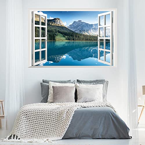 Nature Mountain Forest Lake Wall Stickers , 3D Lake View Fake Window Mural, Wall Decals for Living Room, Bedroom, Dining Room Home Window Landscape Wall Decor, Peel and Stick Removable ,23.6”×35.4” - Thumbnail 3