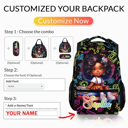 Girls Backpacks, Personalized Girls Backpack with Custom Name for Kids Teens, 17’’ Lightweight Durable Student Black School Bag for Toddler Kindergarten Elementary Primary Middle3