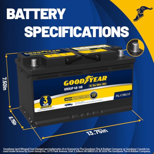 Image of Goodyear 49-H8-AGM BCI Group Size 49 12V 95 AH, 160RC, 900 CCA Platinum series Rechargeable AGM Maintenance Free Automotive Battery