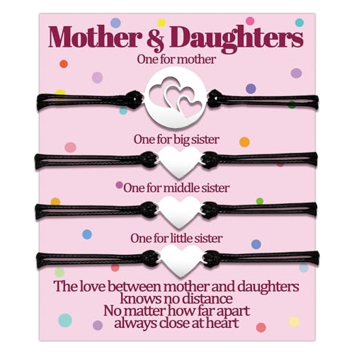 Mom Daughter Bracelets Gifts Mother 2 3 4 Daughters Matching Bracelet Gift for Mommy and Me Bracelets Set for 2 3 4 5 Women Love Heart Matching Bracelets Mothers Day Gifts Birthday Gift Jewelry Ideas
