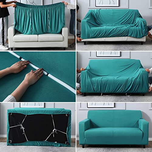 Image of HOKIPO 140 GSM Stretchable 5 Seater Sofa Cover, Dark Cyan (NEW-AR-4277-E7*2 + AR-4279-E7)