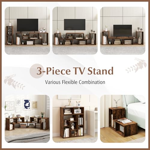 Image of Giantex Free-Combination TV Stand for Bedroom - Entertainment Center for 50 55 60 65 Inch TV, 3-Piece Media Console Table with Storage Cubes, Deformable Open Storage Bookcase Shelf (Brown)