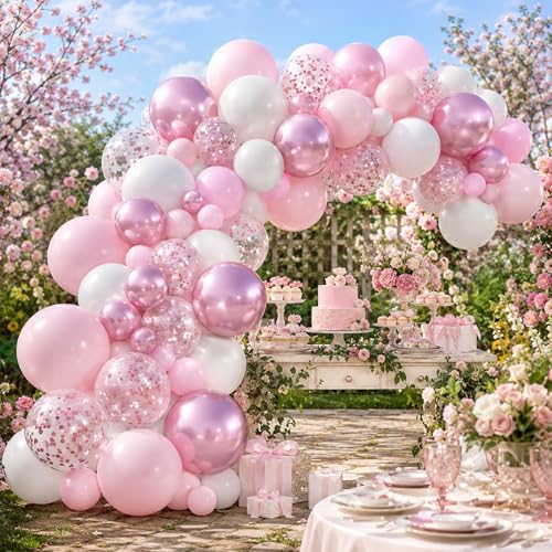 Image of Pink and White Balloons, 60 Pcs 12 Inch White Metallic Pink Latex Balloons with Silver Confetti and Double Stuffed Pearl for Baby Shower Birthday Party Decorations