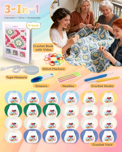 Image of Coopay Crochet Kit for Beginners, Easy 3D Granny Square Blanket Kit, Blue | Crochet Kit W /Video Tutorial & Digital Instructions, All Accessories Included, Easy Knitting to Create Granny Square Blanket