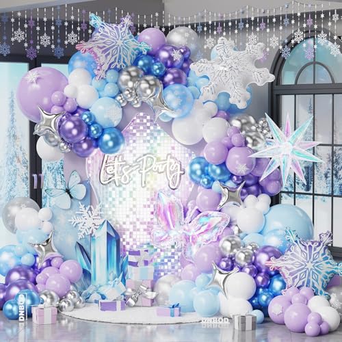 Winter Wonderland Balloon Arch Kit 160Pcs Blue Purple Silver Balloon Garland with Snowflake Iridescent Explosion Star Butterfly Foil Balloons for Winter Snow Princess Frozen Birthday Party Decoration