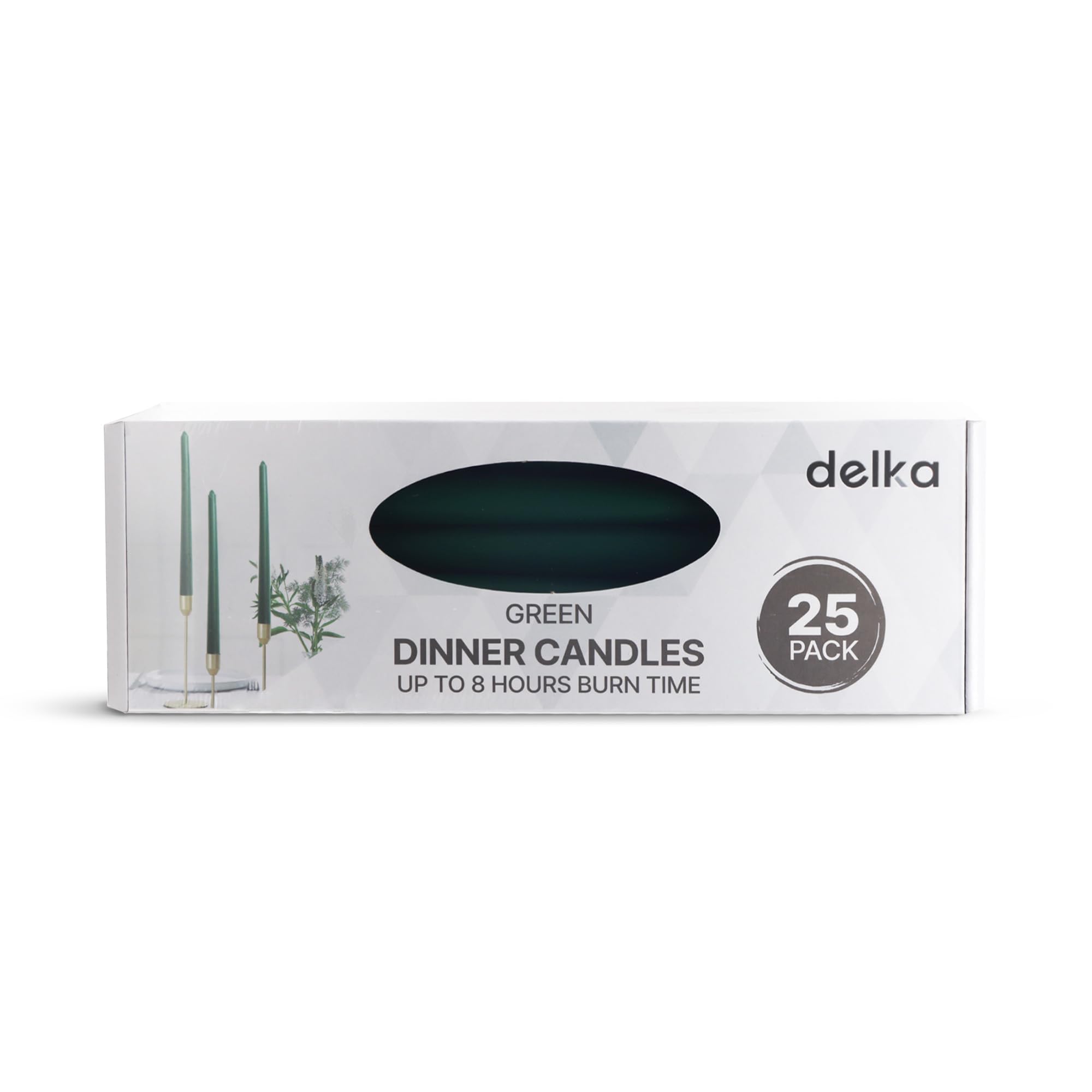 Delka Green Tapered Dinner Candles – Long Burn 8 Hours, Unscented, Dripless, Smokeless – Elegant Table Candles For Weddings, Home Décor, Parties, Events & Holidays