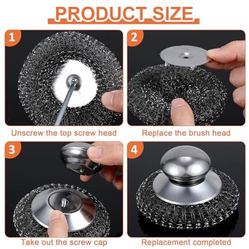 Image of 2 Pcs Stainless Steel Wool Scrubbers with Handle and 2 Pcs Replacement Metal Wool Pads, Steel Pot Dishes Scrubber for Scouring Stubborn Messes from Cast Iron, Pots, Pans, Grill, Stoves, Sink, Dishes