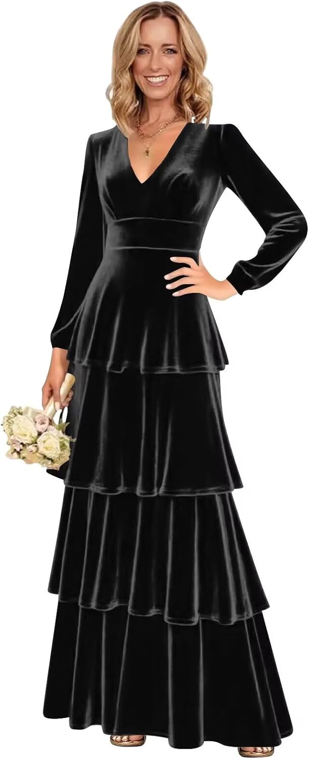 Velvet Bridesmaid Dresses Long Sleeve V Neck Tiered Formal Wedding Guest Dress for Women