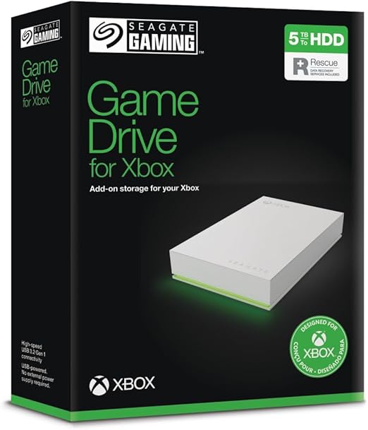 Seagate Game Drive voor Xbox 5TB, Externe harde schijf, USB 3.2 Gen 1, Xbox-gecertificeerd, RGB-ledverlichting, Wit, Data Rescue Service (STKX5000100)