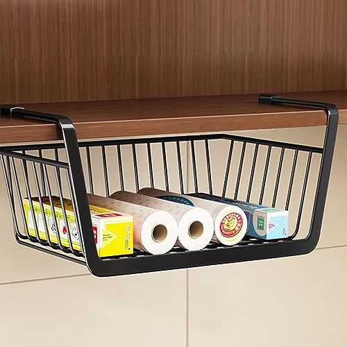 Tielag Panier de Rangement Suspendus en Fil Métallique, Panier Suspendu Rangement sous Étagère pour Cuisine, Pantry, Bureau, Bookshelf, Placard, Armoires, Salle de Bain, Noir