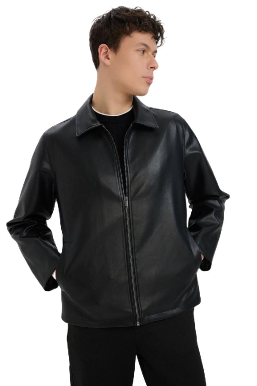 WesternVibe Men's Oversized Faux Leather Jacket for Men Black PU Leather Casual Biker Jacket with Shirt Collar Front Zip Full Sleeves Streetwear Stylish Coat-image-10