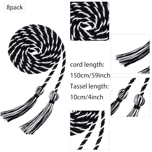 Image of Trounistro 8 Pieces Graduation Cords Yarn Honor Cords with Tassel for College Graduation Students (Black with White)