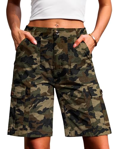 Eddoyee Bermuda Cargo Shorts for Women Casual Long Knee Length High Waisted Stretch Wide Leg Summer Relaxed Fit with Pockets(Camo Small)