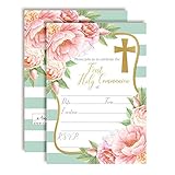 Watercolor Peony First Holy Communion Religious Party Invitations, 20 5x7 Fill In Cards with Twenty White Envelopes by AmandaCreation