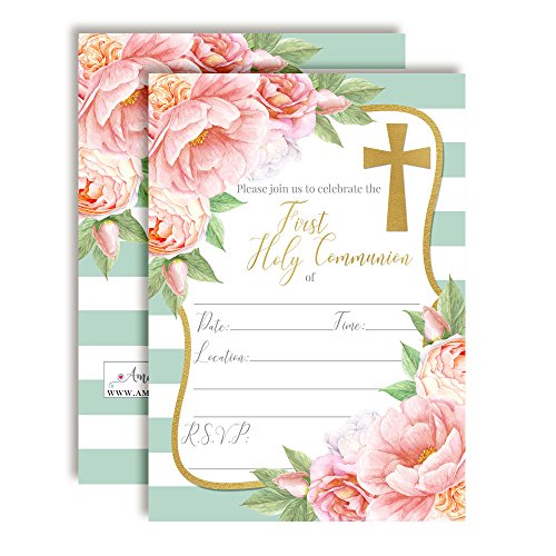 Watercolor Peony First Holy Communion Religious Party Invitations, 20 5"X7" Fill In Cards With Twenty White Envelopes By Amandacreation #TOP12