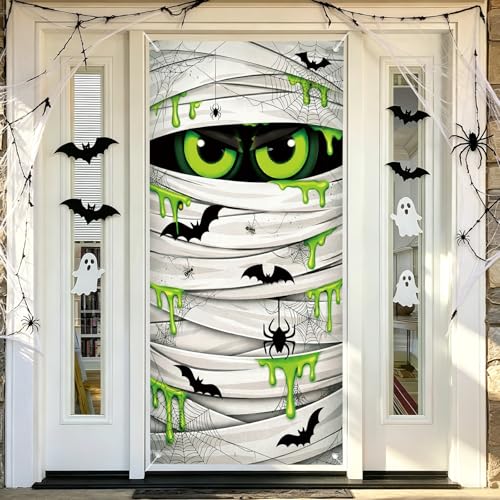 71 x 35 Inches Halloween Mummy Door Cover Spooky Green Eyes Bandage Door Banner with Bats Spiders and Spider Webs for Halloween Party Porch Decorations