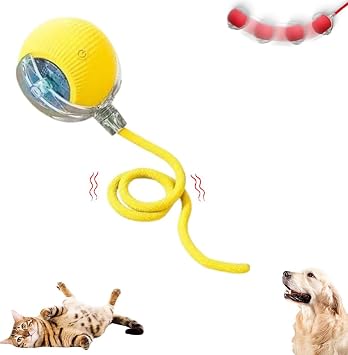 Interactive Cat Ball Toy, New Agility Move Cat Balls, Automatic Cat Ball Toys with Cord Imitation Mouse, Smart Self Rolling Interactive Cat Dog Ball for Dog/Cat Yellow