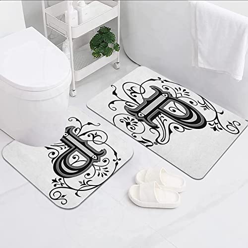 2-teilige rutschfeste Badematte,Buchstabe P Floral Swirls Essence Blooms Letters Barock inspirierte Initialen Design…