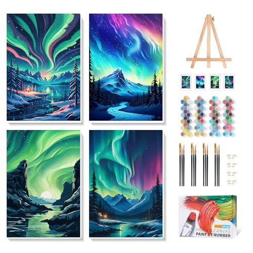 4 Pack Framed Paint by Numbers Kit for Adults with Wooden Easel, Northern Lights Paint by Number for Beginners, DIY Aurora Canvas Painting Set for Bedroom Wall Decor, Borealis Artwork 8x12 Inch