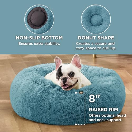 Image of Bedsure Calming Small Dog Bed Donut Washable Cat&Puppy Bed,23 inches | Fluffy Faux Fur Round Cuddler,Anti-Slip Bottom,Anti-Anxiety,Deep Sleeping for Large Cat & Pets Up to 25 Lbs,Washed Blue