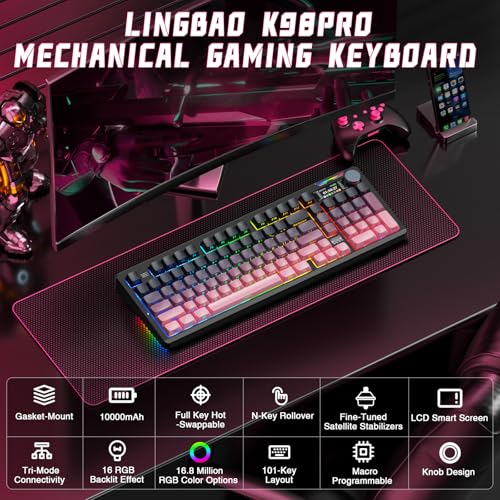Image of LINGBAO K98 PRO Mechanical Keyboard Wireless, with Screen & Knob,RGB Gaming Keyboard, Tri-Mode BT5.0 /2.4GHz /USB-C, Gasket Mount Hot-Swappable Linear Switches Gamer Keyboards for PC /Mac /Linux /Android