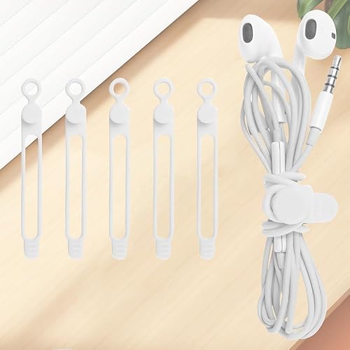 Paquete de 5 correas de silicona para cables, organizadores reutilizables para cables y cables (4 colores) (blanco)