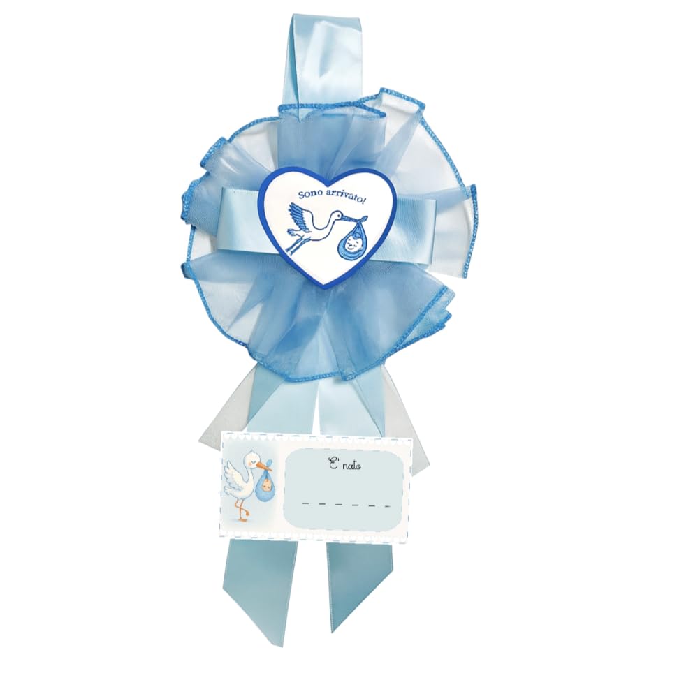 Horme Fiocco Nascita Bimbo Azzurro “Sono Arrivato” in Tulle di Alta qualità, Personalizzabile con Nome – Coccarda Nascita Neonato per Decorazione Porta o Cameretta 40×18 cm