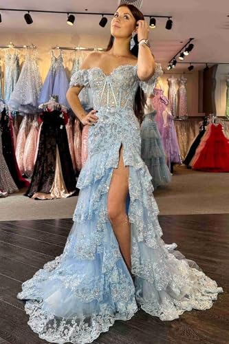 Off The Shoulder Lace Tulle Tiered Prom Dresses Long Sparkly Corset Formal Evening Party Gowns with Slit3