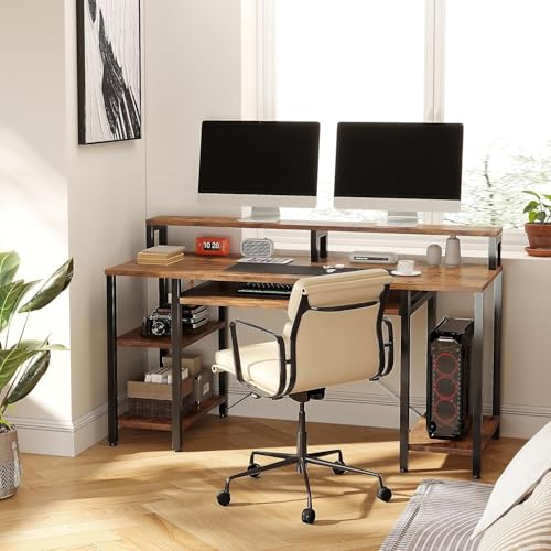 Image of Un-Desk Computer Table for Home Office and Study Table with 3 Shelf Workstation Desk for Desktop Pc Laptop and Gaming with Keyboard Tray Reversible Shelf Left and Right 150 CM Forest Dark