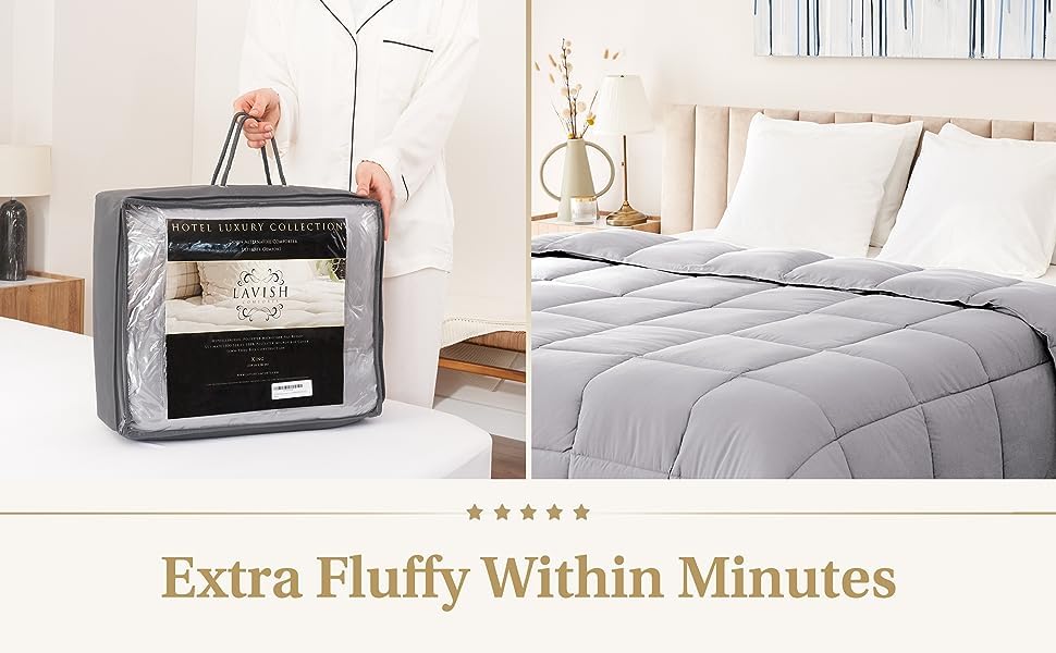 Image of Lavish Comforts Grey Comforter Queen - Fluffy Down Alternative Duvet Insert, Light Grey Comforter, All-Season Bedding, Hypoallergenic, Machine Washable, Queen Duvet Insert with Corner Loops