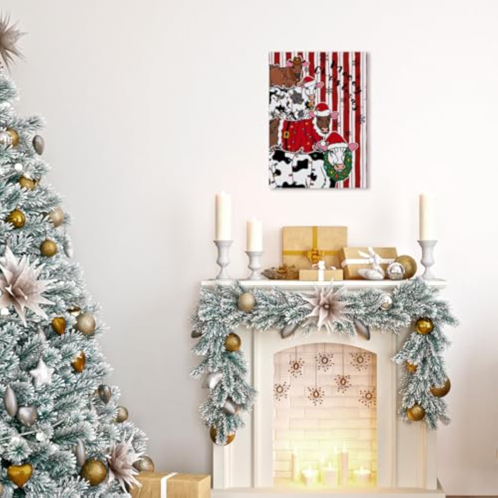 Funny Christmas Cow Canvas Wall Art, Rustic Decor