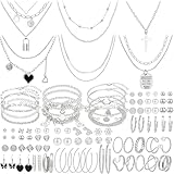 NEWITIN 100 Pieces Silver Jewelry Set for Women Fashion Costume Jewelry Silver Plated Necklace Bracelet Ring Earrings Set for Women