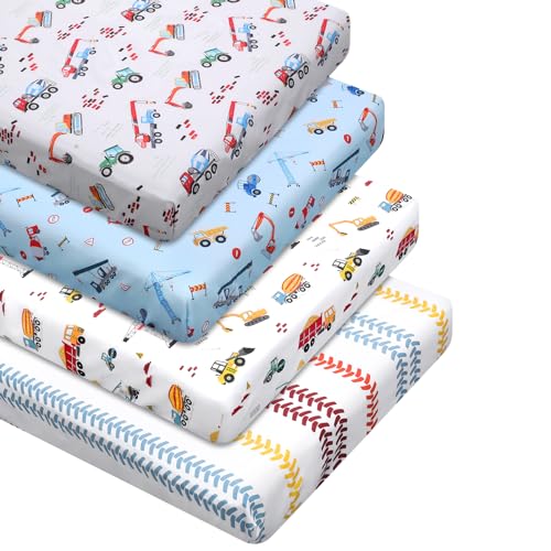 Image of VitalCozy 4 Pcs Construction Truck Crib Sheet Set Baby Sheet Newborn Bedding Nursery Crib Sheets for Girl Boys Baby Gifts for Standard Crib and Toddler Mattresses, 52 x 28 x 8 Inches