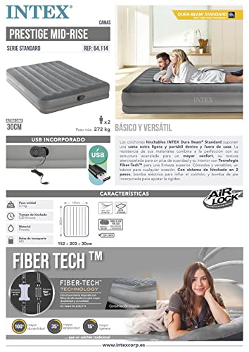 Intex 64114 - Luftbett Selbstaufblasend Doppelbett Dura-Beam Prestige Mid-Rise, mit integrierter USB-Elektropumpe, Geeignet für 2 Person, PVC, Grau, 152x203x30 cm