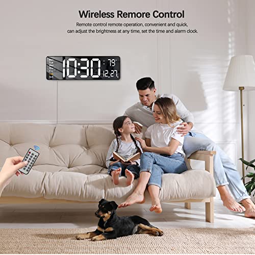 Image of JoFomp Digital Wall Clock - Large 16 Inch LED Display, Remote Control, Alarm Clock, Automatic Brightness, Date, Week, Timer, Temperature - 12 /24H - Wall Mount for Home, Office (White)