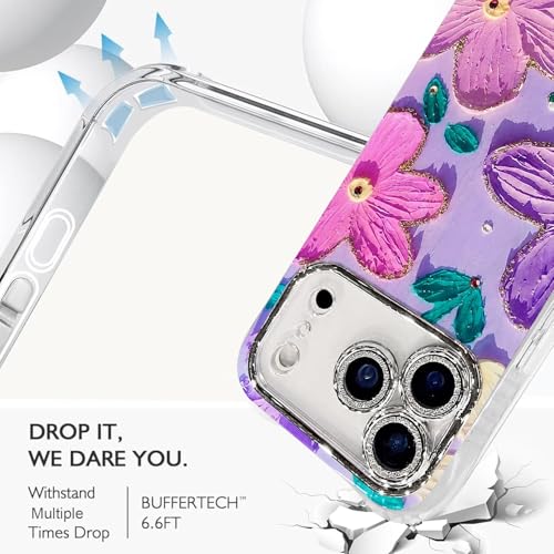 Image of Elzzi Compatible with iPhone 17 Pro Case Oil Painting Flower Colorful with Lens Prtotection Shockproof PC+TPU Glossy Back Cover for Girls Women, Pink Purple