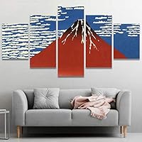 SIGNWIN 5 Panel Canvas Wall Art Red Fuji by Katsushika Hokusai Abstract Plants Illustrations Impressionism Modern Panoramic Relax/Calm Multicolor for Living Room, Bedroom, Office - 60