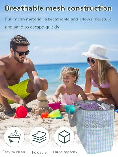 Beach Bags Women Mesh Tote Bag Light Blue Green Checker Plaid Toy Grocery Pool Bag with Pockets for Travel/Picnic/Shower2